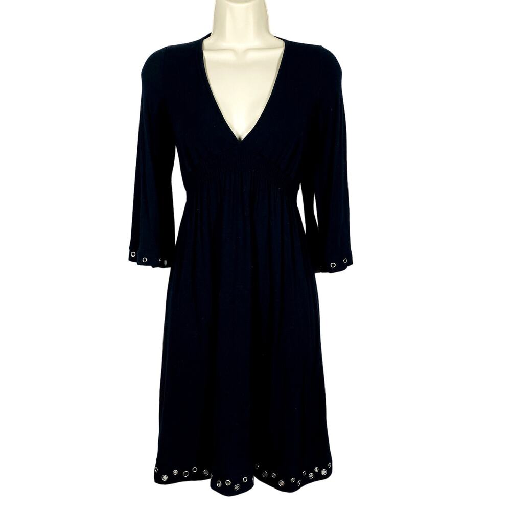 Ella Moss Deep V Casual Black Jersey Dress Knit Rivet Trim 3/4 Sleeve - XS